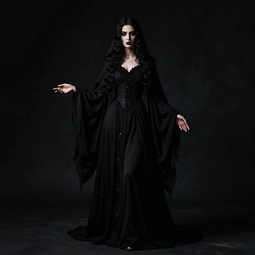 Gothic photograph of a pale woman with dark makeup, long black hair, and a flowing black gown, standing against a dark backdrop, arms gracefully