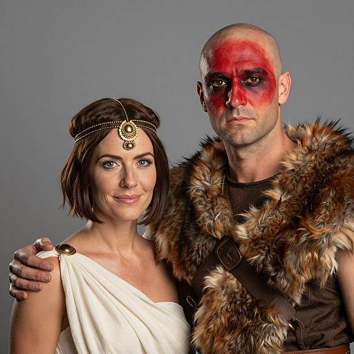 Couple in Ancient-Style Costumes with Face Paint and Fur