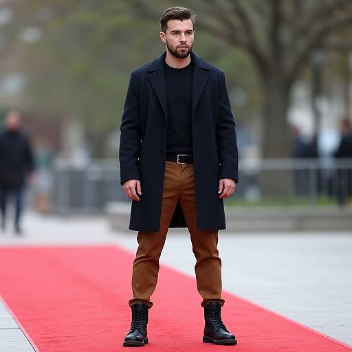 Photograph of a bearded man with dark hair, wearing a black coat, black shirt, brown pants, and black boots, standing on a red