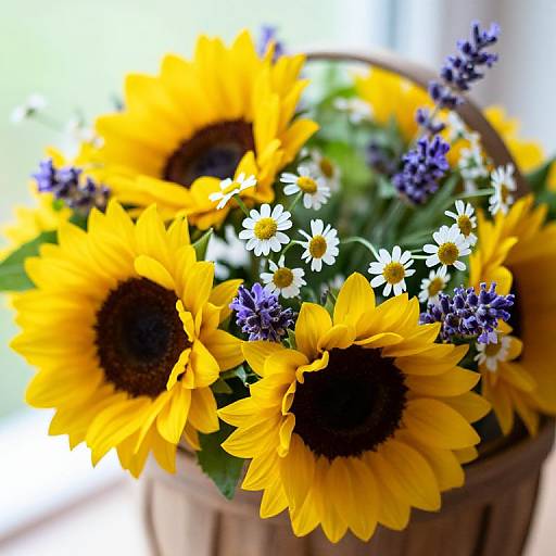 Photograph of a vibrant sunflower bouquet with yellow petals, dark centers, white daisies, and purple lavender, in a rustic wooden basket.