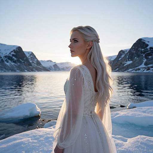 Photograph of a blonde woman in a white, lace-embellished dress standing on icy shoreline, backlit by sunset over a frozen lake with