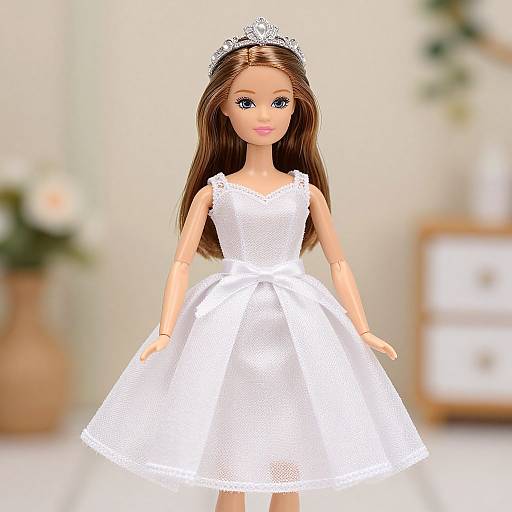 Photograph of a doll with long brown hair, wearing a white lace dress, silver tiara, and standing in a softly lit, blurred room.