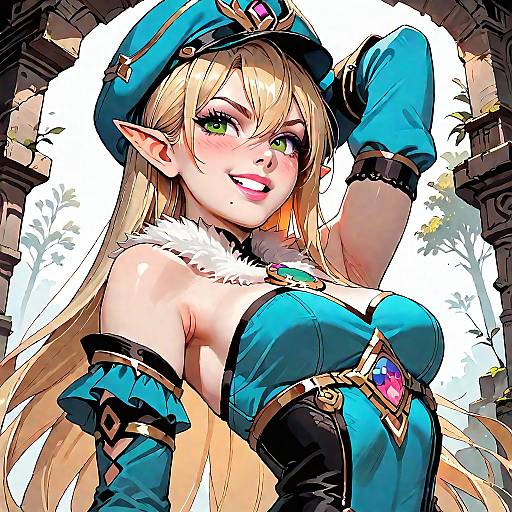 Grinning Blonde Elf in Ruined Forest