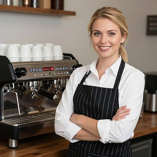 Photograph of a smiling blonde woman with light skin, wearing a white shirt and black pinstripe apron, standing in a coffee shop with a
