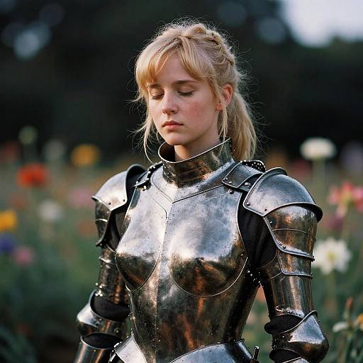 Photograph of a blonde, fair-skinned woman in shiny, reflective medieval armor with closed eyes, standing in a colorful, blooming meadow.