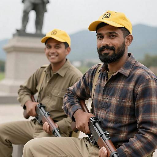 Smiling Hunters in Mountain Scenery