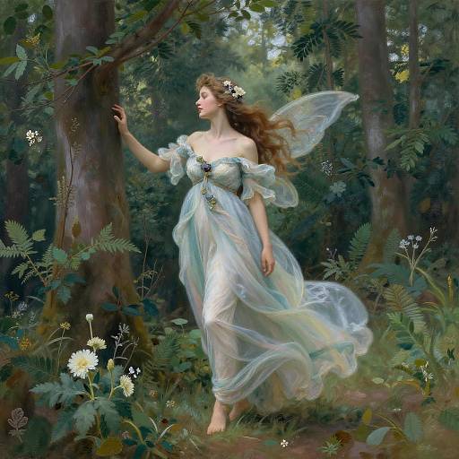Digital painting of a fair-skinned, ethereal fairy with translucent wings, flowing white dress, and flower crown, standing in a lush, sunlit