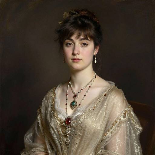 Photorealistic portrait of a young woman with fair skin, dark hair, and delicate features, wearing an ornate gold and white gown, layered neck