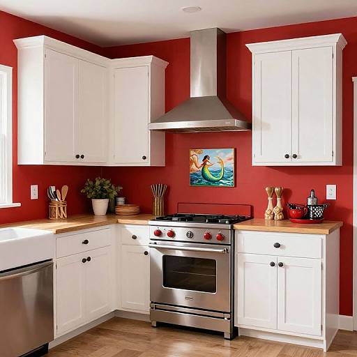 Photograph of a modern kitchen with red walls, white cabinets, stainless steel stove, hood, and dishwasher, wooden countertops, and a colorful ocean-themed