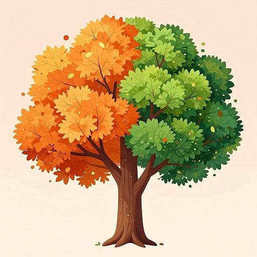 Digital illustration of a tree with vibrant orange autumn leaves on the left and lush green leaves on the right, set against a white background.