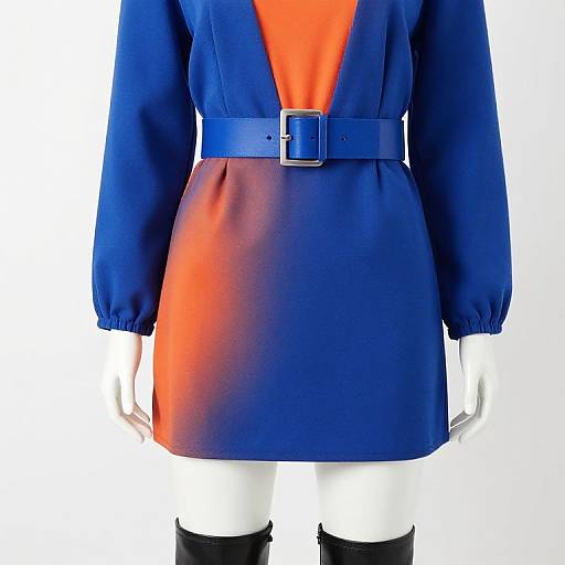 Photograph of a blue dress with an orange V-neck, long sleeves, and a blue belt with a silver buckle. White mannequin arms and