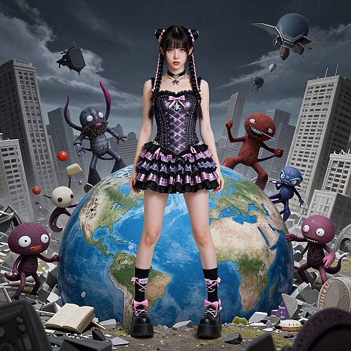 Photograph-style digital art: Gothic girl with black hair, twin buns, corset, skirt, and boots stands defiantly on Earth, surrounded