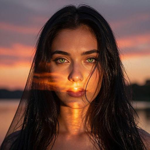 Photograph of a young woman with long black hair, green eyes, and glowing sunset reflection across her face, against a colorful twilight sky.