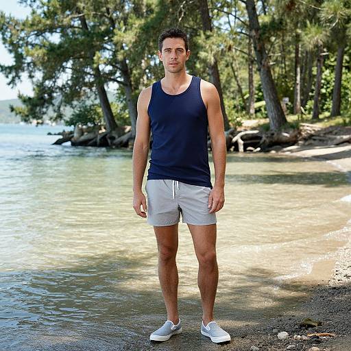 Photograph of a fit, tan-skinned man with short dark hair, wearing a black tank top, white shorts, and white sneakers, standing on