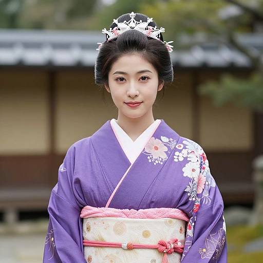 Regal Woman in Purple Pink Kimono