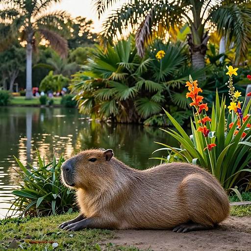 Photograph of a beaver lying on grass by a serene pond, surrounded by vibrant orange and yellow flowers, palm trees, and a sunset sky in