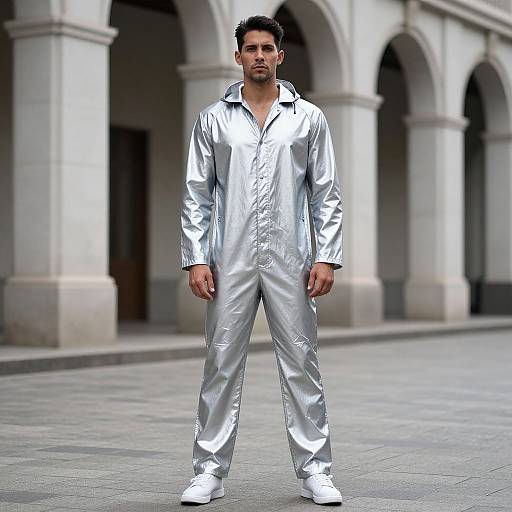 Photograph of a bearded man with medium skin tone, wearing a shiny silver jumpsuit and white shoes, standing in front of arched stone columns