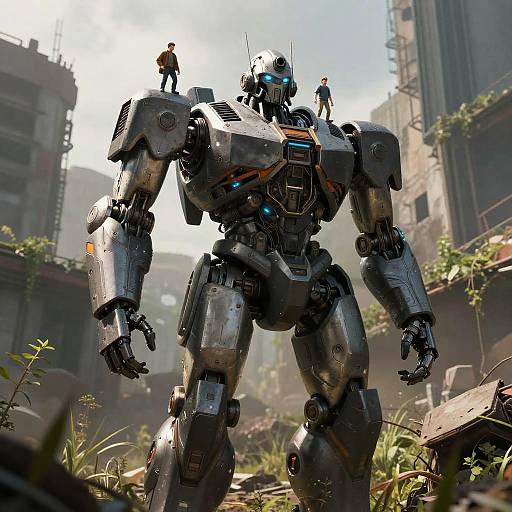 Photorealistic CGI of a towering, metallic robot with blue lights, standing in a ruined, overgrown urban landscape. Two tiny human figures stand on
