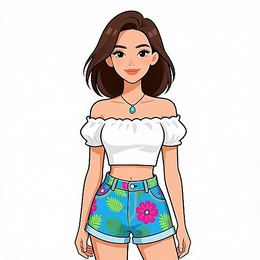 Digital anime-style drawing of a smiling woman with brown hair, wearing a white off-shoulder crop top and colorful floral shorts.