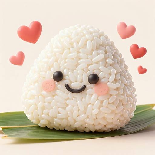 Photograph of a white rice ball with black eyes, a smile, and pink blush, surrounded by red hearts, on a green leaf.