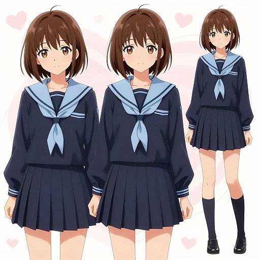 Anime-style digital drawing of a brown-haired girl in a navy blue sailor school uniform with a light blue scarf, skirt, and socks, shown in three