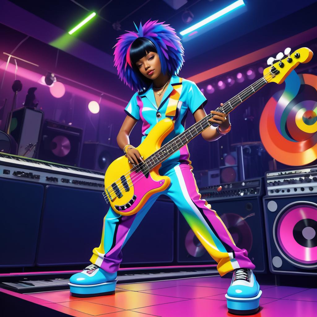 Funky Bassist in Colorful Nightclub Scene