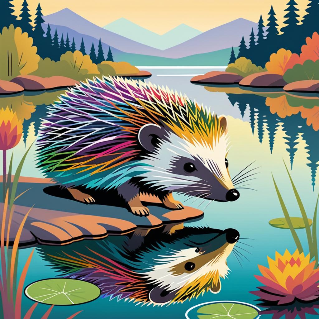 Colorful Hedgehog in a Serene Pond