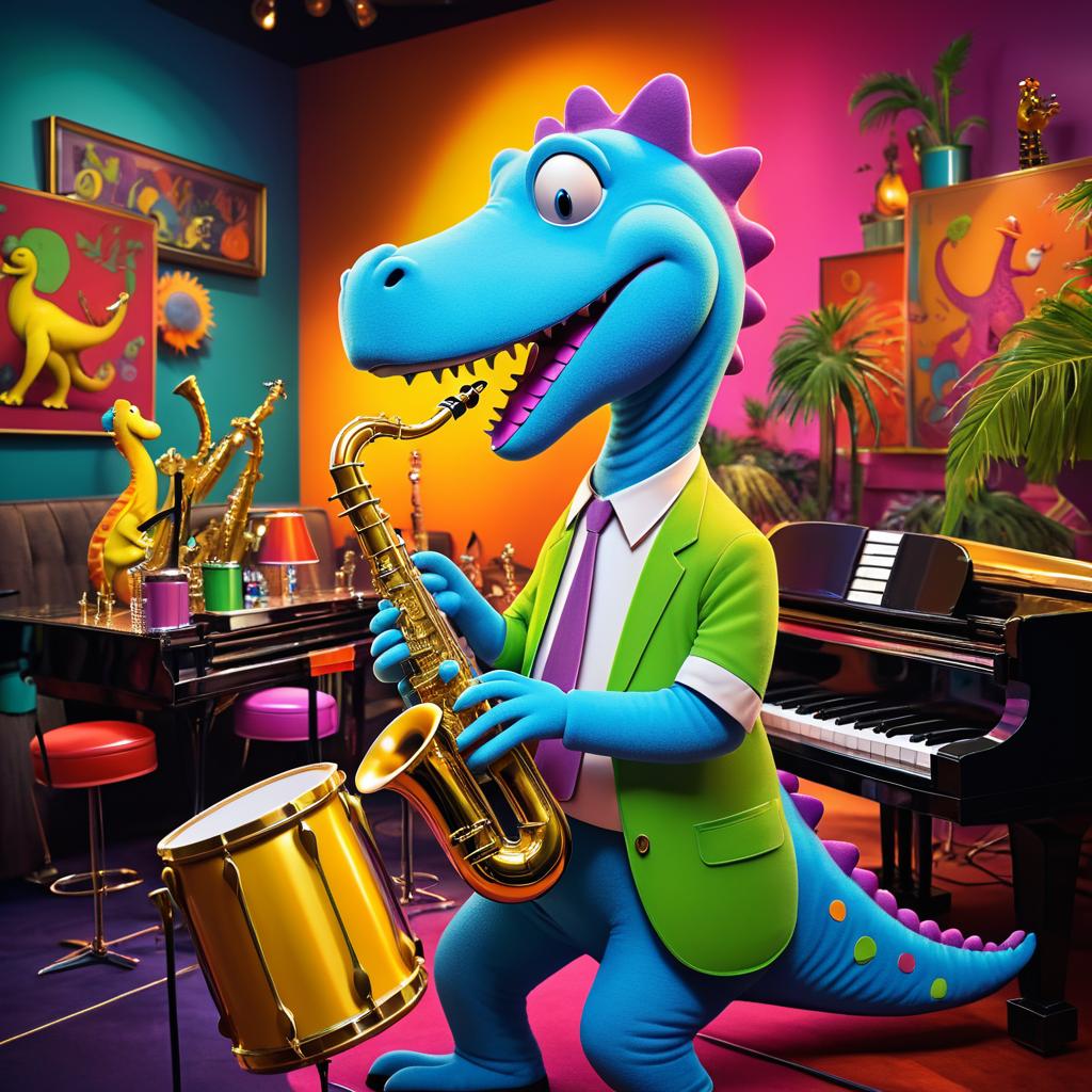 Whimsical Dinosaur Jazz Night Illustration