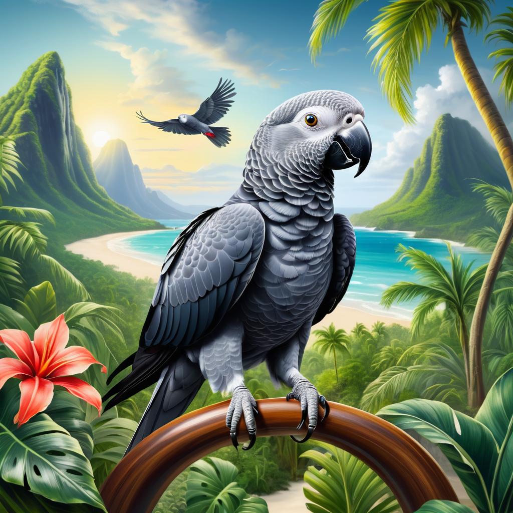 Surreal African Grey Parrot on Tropical Island