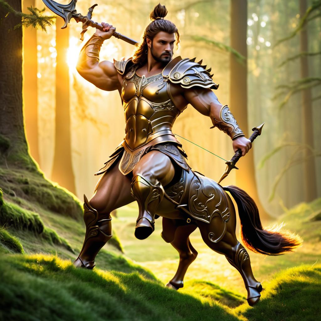 Dynamic Centaur Warrior in Sunset Forest