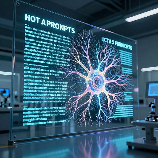 Photograph of a high-tech laboratory display with a glowing, blue-lit diagram of hotspots and branching nerve-like structures on a screen. Text lists