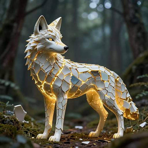 Photorealistic CGI of a glowing, mosaic wolf statue in a dark forest, with illuminated white and gold tile patterns, standing on moss-covered ground.