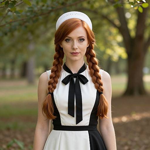 Photograph of a fair-skinned red-haired woman with braided hair, wearing a white and black maid outfit, white cap, and black ribbon,