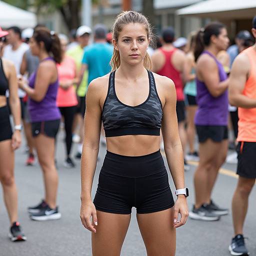Photograph of a focused young woman with blonde ponytail, wearing black sports bra and shorts, standing in front of a blurred crowd of runners at an