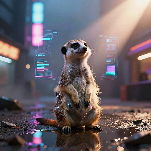 Synthetic Meerkat Scout in Neon Bazaar