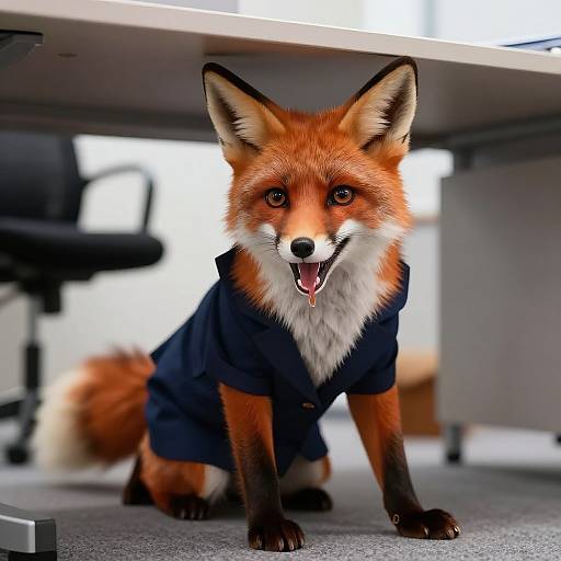 Photograph of a realistic CGI red fox wearing a navy blue shirt, sitting under an office desk with a blurred chair in the background. Fox has bright