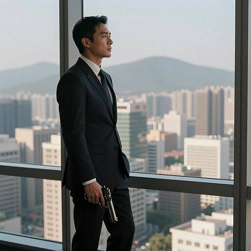 Intense Man with Gun in High-Rise Office
