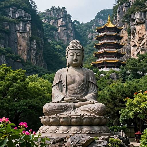 Photograph of a large stone Buddha statue with a serene expression, seated on a lotus pedestal, surrounded by lush greenery and a traditional Chinese pag