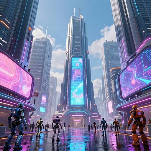 Cyberpunk cityscape: futuristic skyscrapers with neon lights, robotic figures, and crowds walk on a glossy, wet street. Bright blue sky