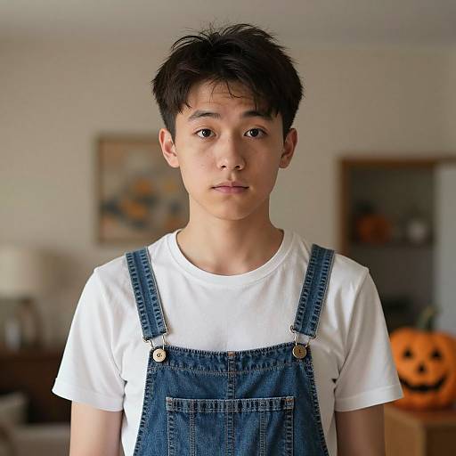 Photograph of a young Asian boy with short black hair, wearing a white t-shirt and blue denim overalls, standing in a softly lit, blurred