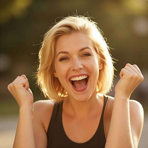 Photograph of a blonde, fair-skinned woman with short hair, wearing a black tank top, cheering with raised fists and an open-mouthed smile