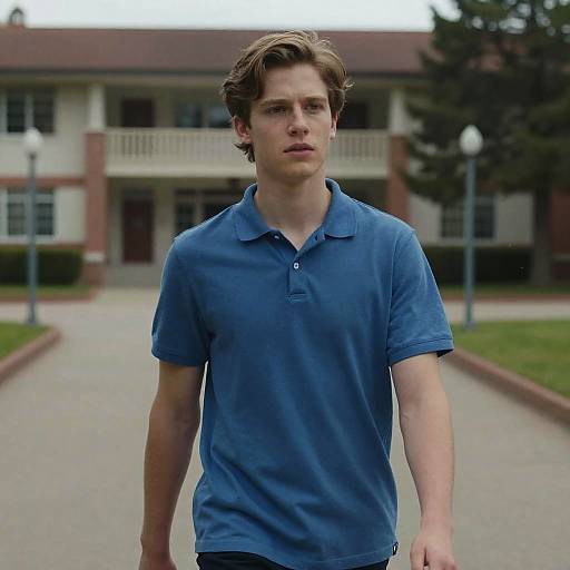 Photograph of a young, handsome, Caucasian man with light brown hair, wearing a blue polo shirt, standing in front of a suburban house with a