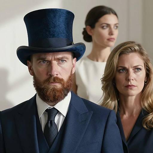 Serious man in top hat with two women