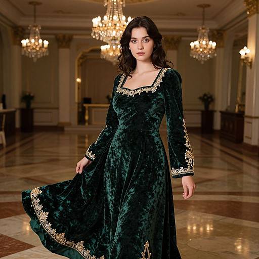 Elegant Woman in Green Velvet Gown