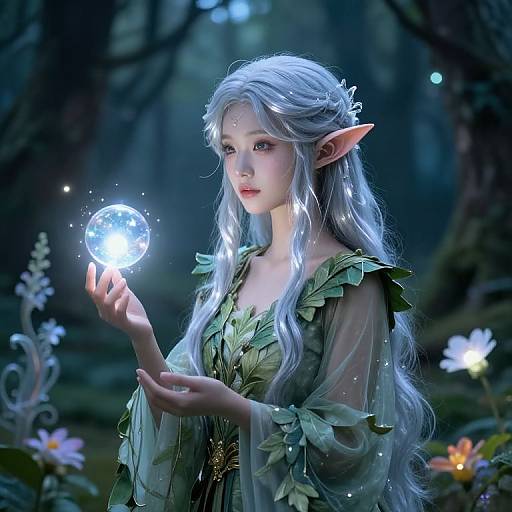 Digital fantasy artwork of a silver-haired, elven woman with pointed ears, holding a glowing, magical orb in a mystical forest.