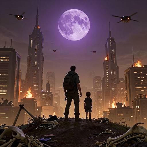Apocalyptic cityscape at night, silhouetted man and child stand on rubble hill, bright full moon, burning skyscrapers, helicopters,
