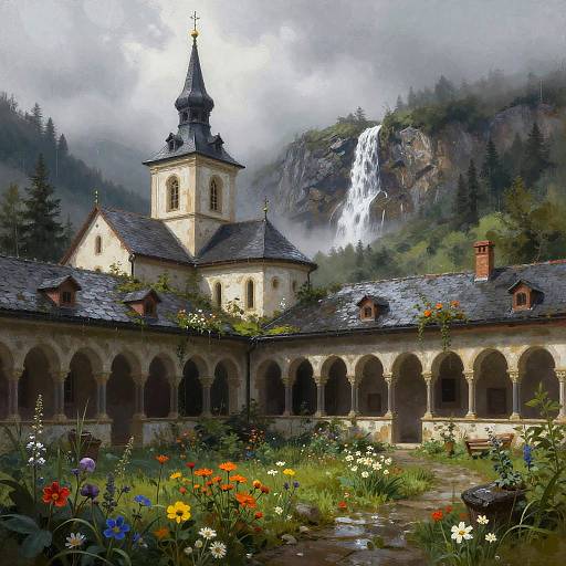 Rustic Monastery Cloister in Misty Alps