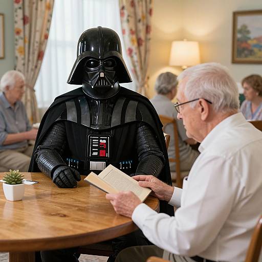 Photograph of Darth Vader in black armor and helmet, seated at a wooden table with an elderly man in a white shirt, reading a book, in