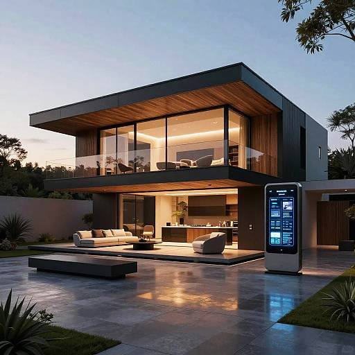Modern, two-story house at dusk with illuminated interior, glass balcony, wooden accents, outdoor seating area, and a smart home control panel.