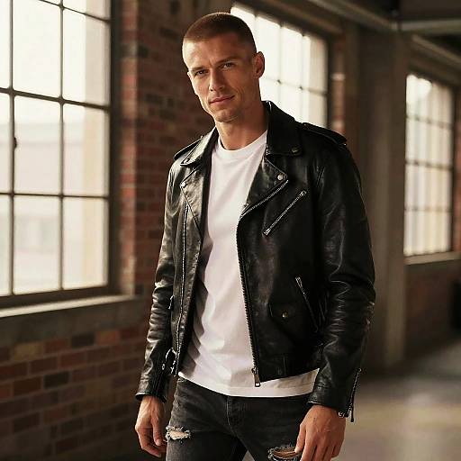 Photograph of a muscular, short-haired man with light skin wearing a black leather jacket, white t-shirt, and ripped black jeans, standing in a
